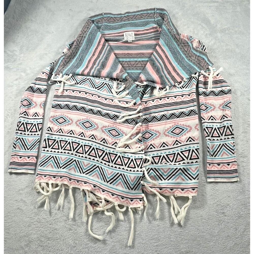 Vintage Billabong Aztec Cardigan Sweater M Open Front Fringe Trim Long Sleeve
